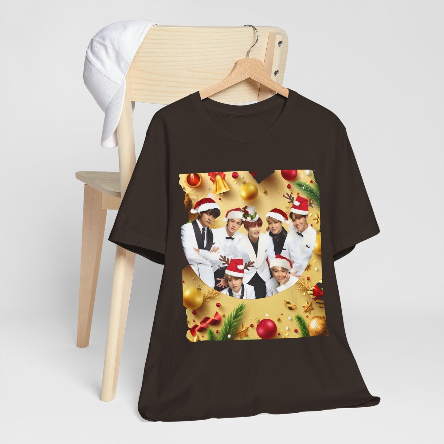 Christmas BTS Photo T‑Shirt — Holiday Santa Hat Group Design