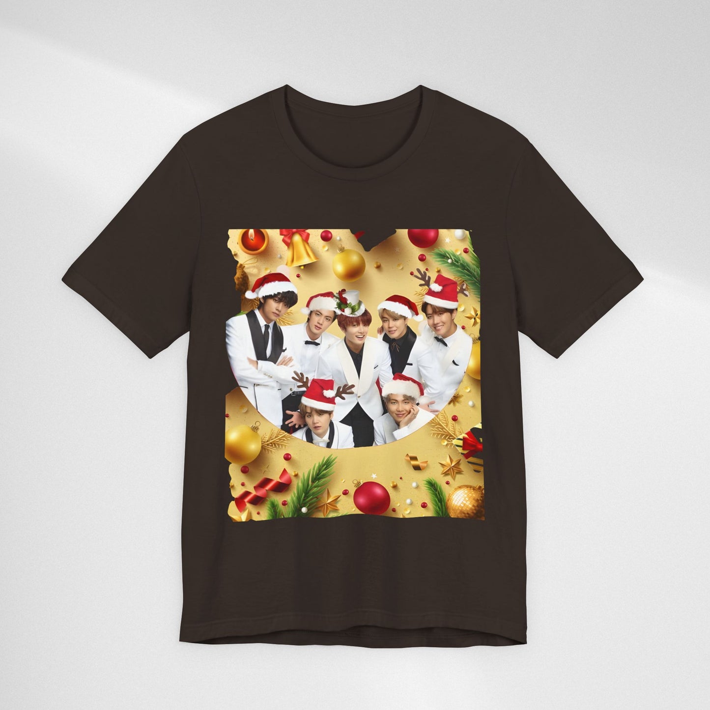 Christmas BTS Photo T‑Shirt — Holiday Santa Hat Group Design