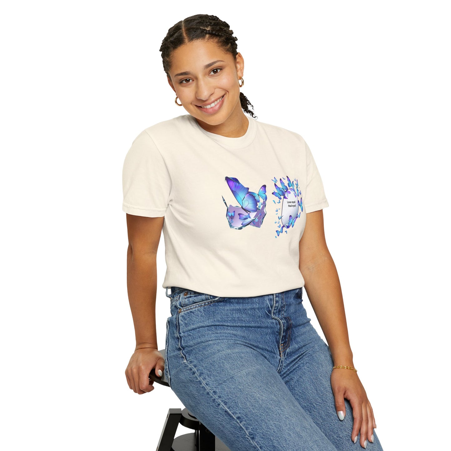 Butterfly Heart T-Shirt — Blue Watercolor Butterflies & "Everyone Deserves Love" Design