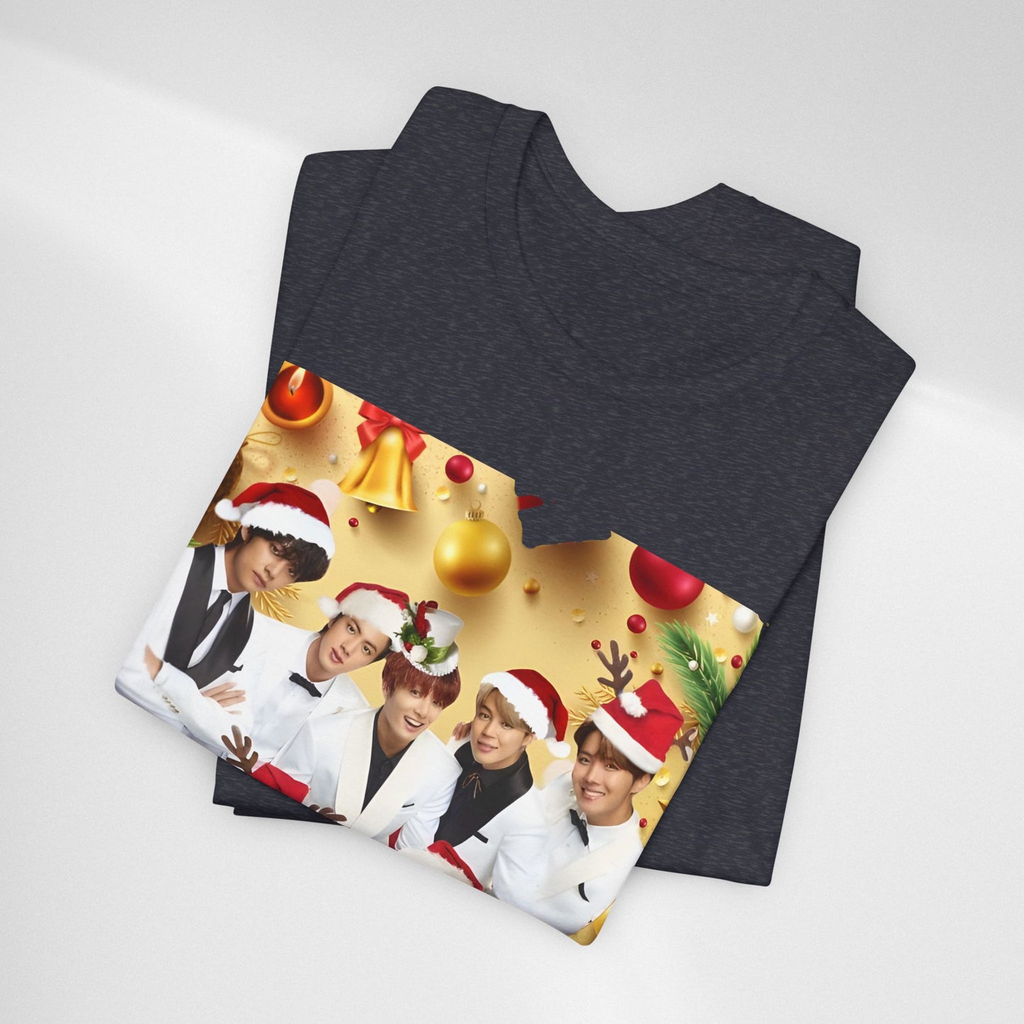 Christmas BTS Photo T‑Shirt — Holiday Santa Hat Group Design