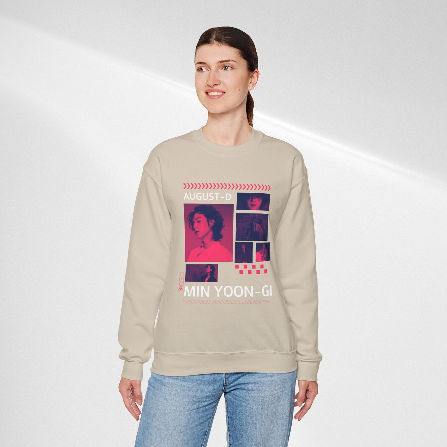 Graphic Crewneck Sweatshirt — 'MIN YOON-GI' Neon Photo Collage
