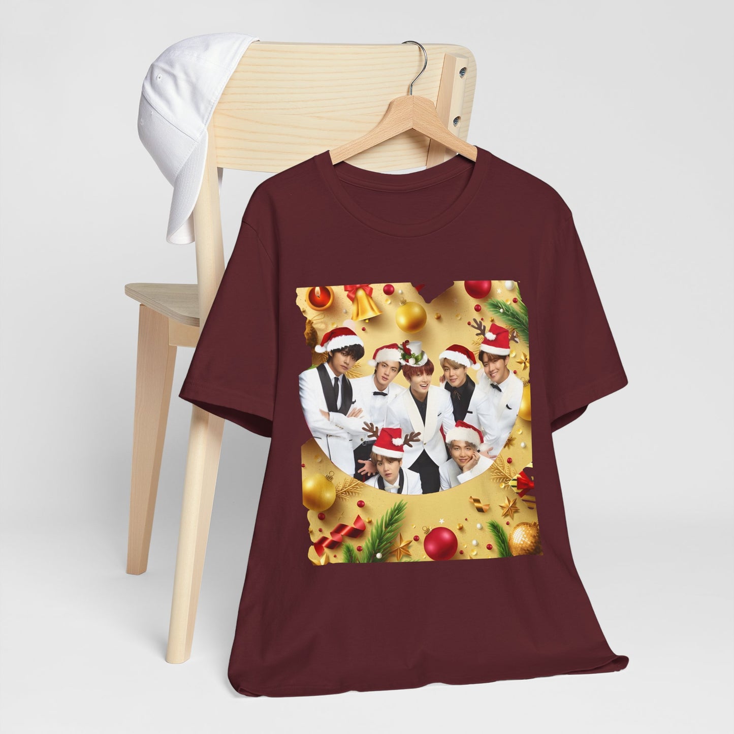 Christmas BTS Photo T‑Shirt — Holiday Santa Hat Group Design
