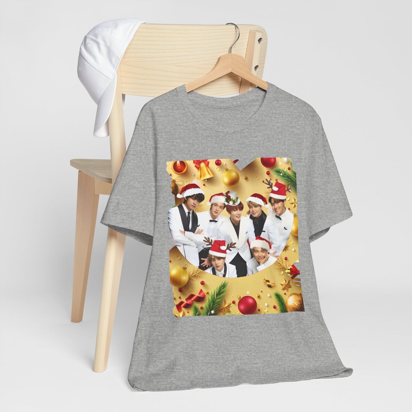 Christmas BTS Photo T‑Shirt — Holiday Santa Hat Group Design