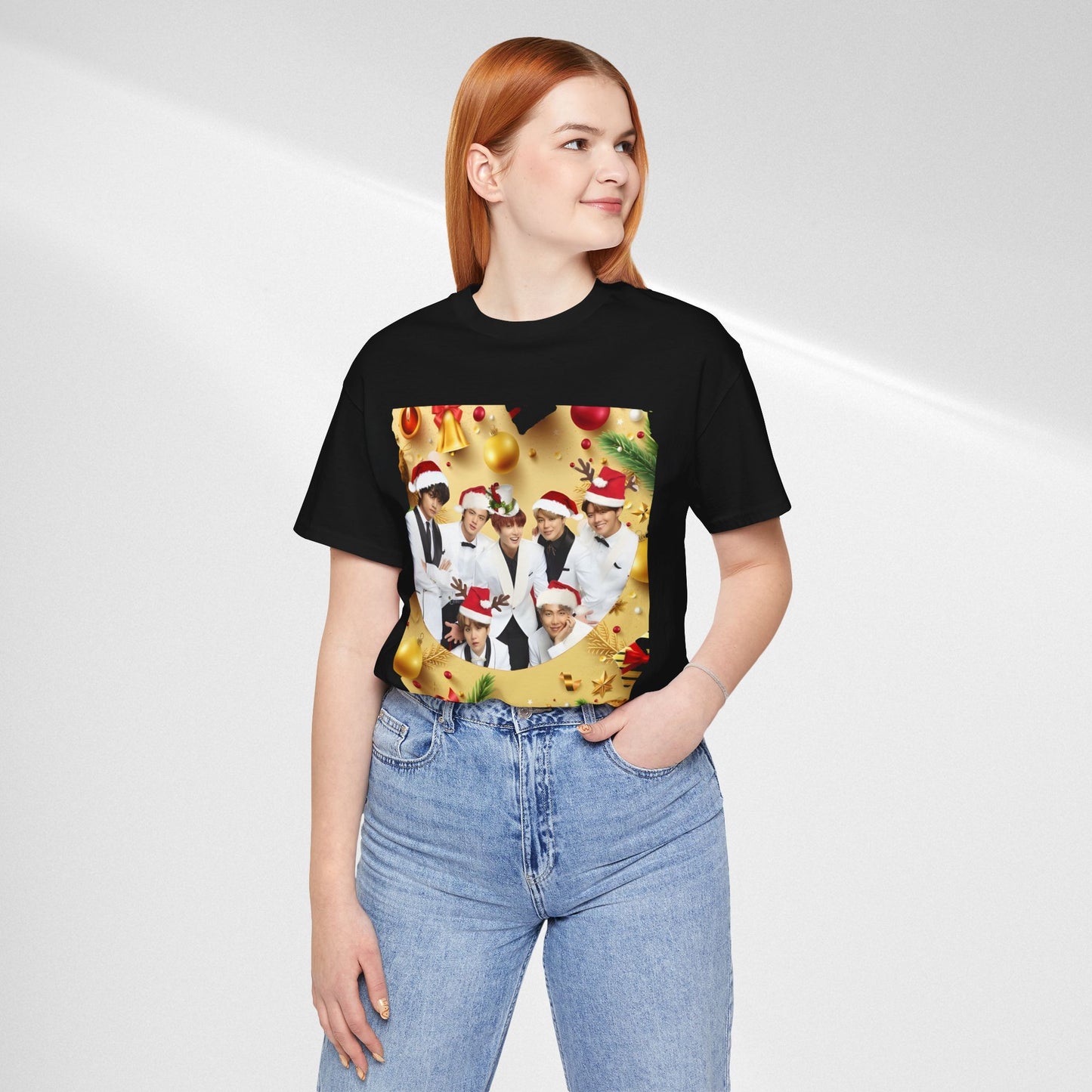 Christmas BTS Photo T‑Shirt — Holiday Santa Hat Group Design