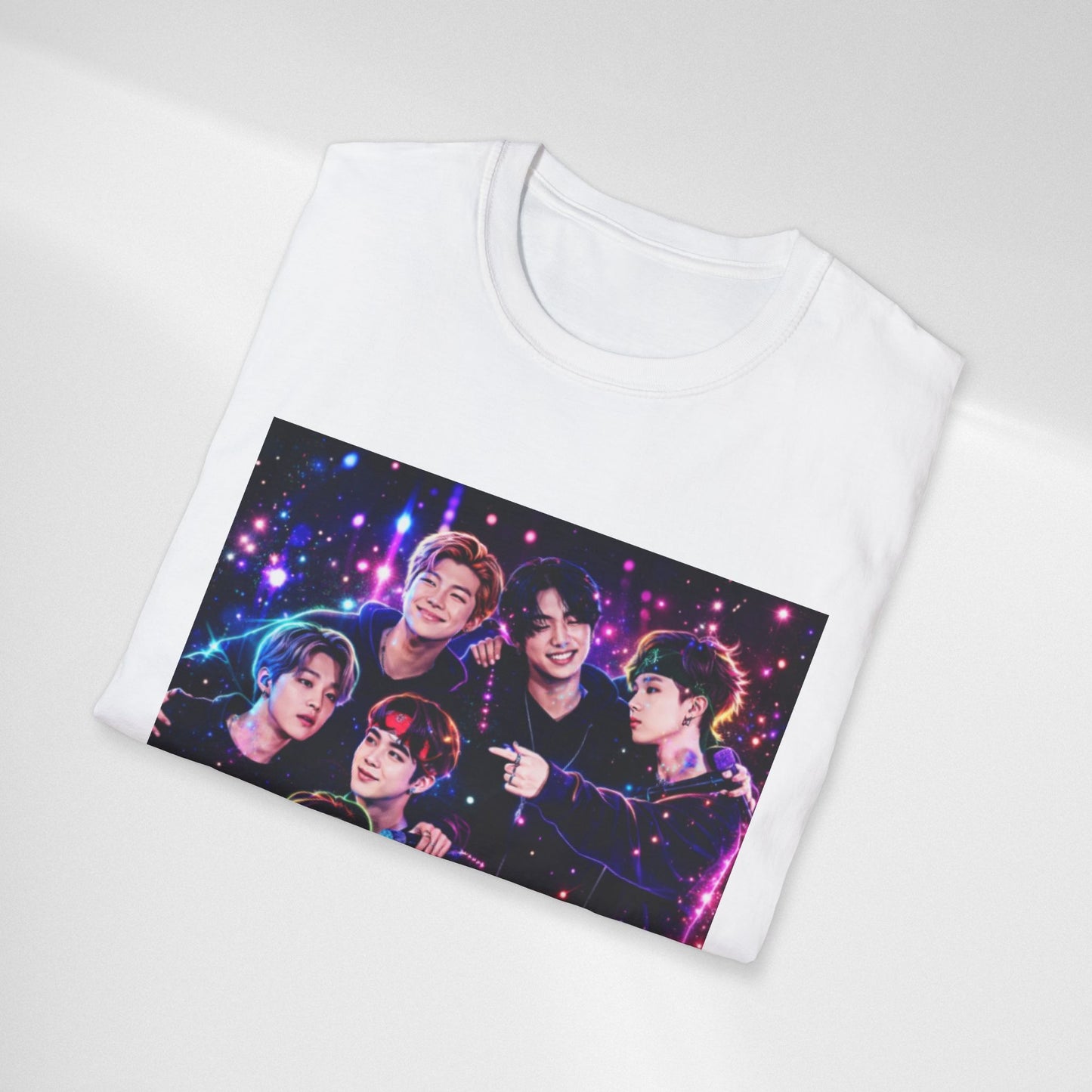 BTS K-Pop Group Photo Tee — Colorful Neon Concert Band Shirt