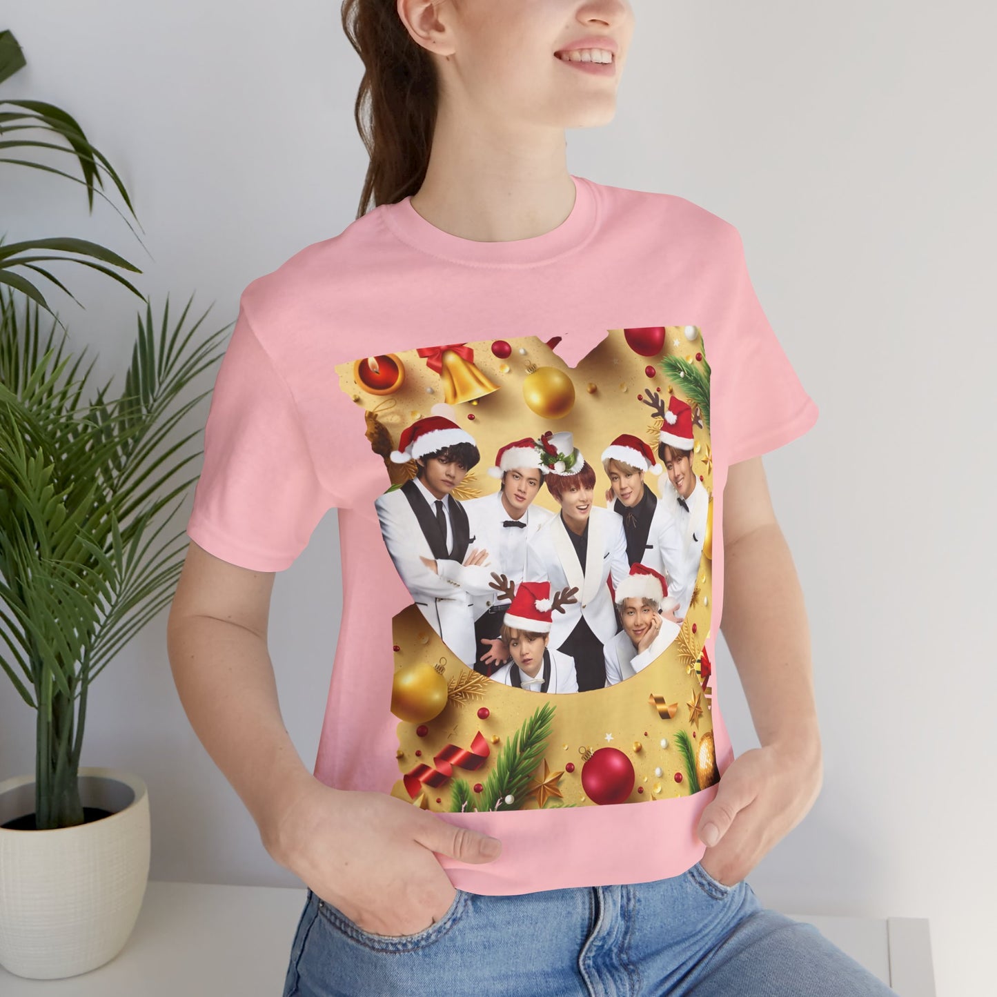 Christmas BTS Photo T‑Shirt — Holiday Santa Hat Group Design