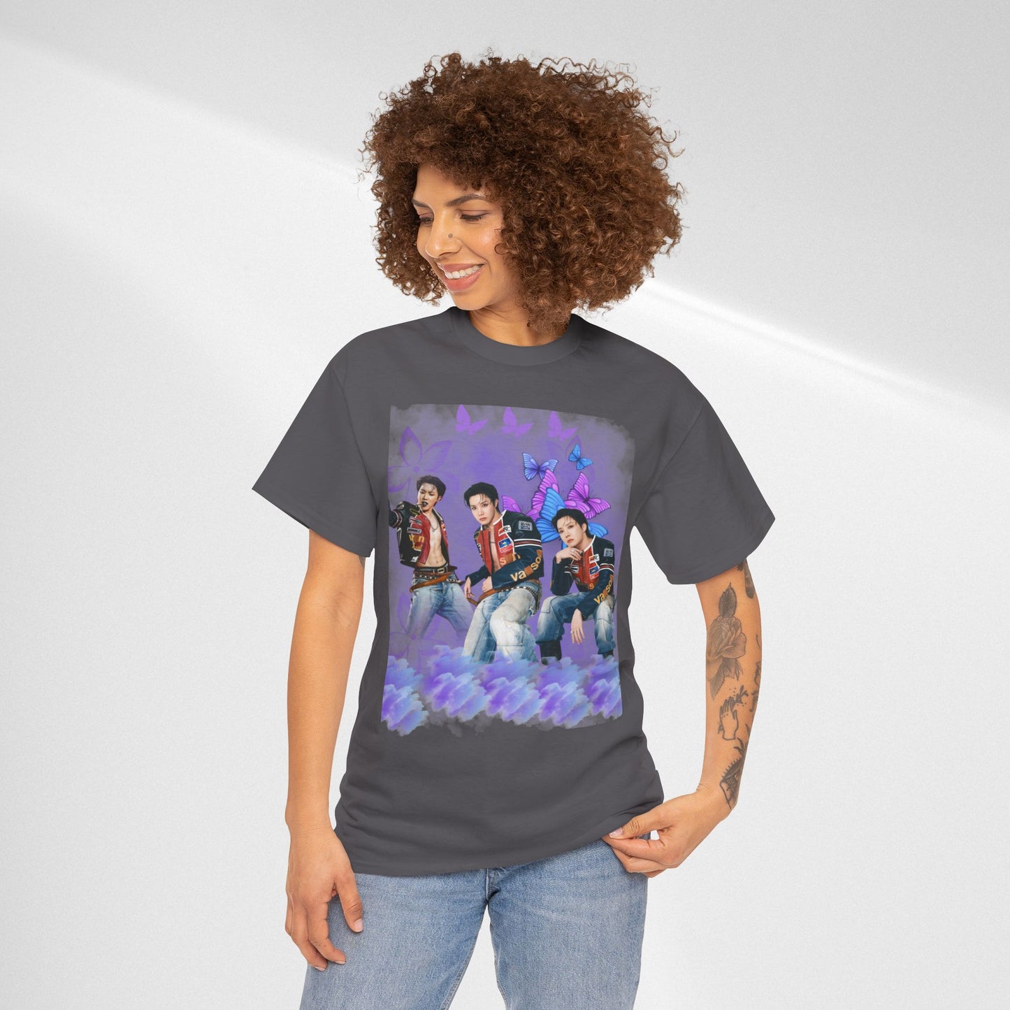 JHOPE Retro Pop Band Portrait Tee — Purple Butterfly Graphic T-Shirt