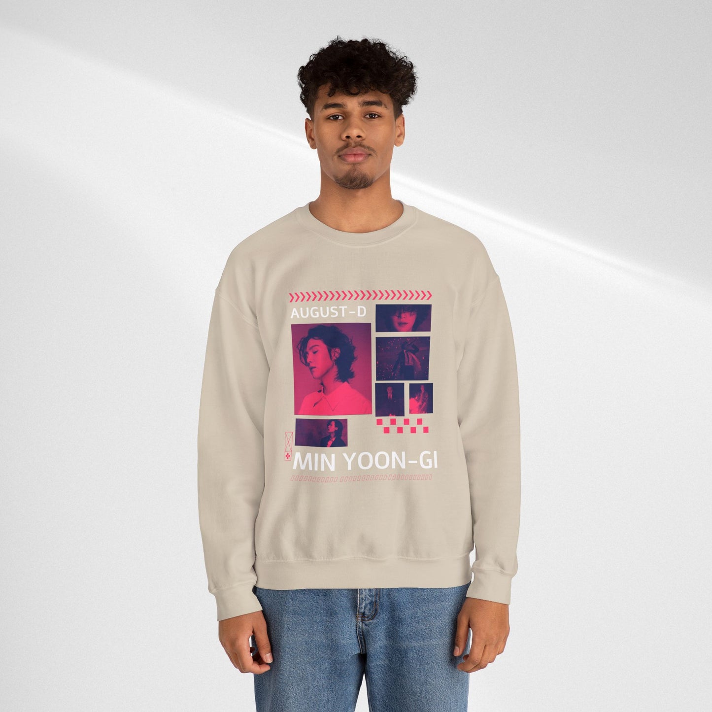 Graphic Crewneck Sweatshirt — 'MIN YOON-GI' Neon Photo Collage