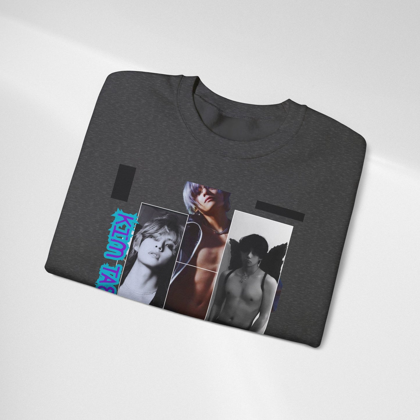 Collage Photo Crewneck Sweatshirt — Retro Portraits with Blue 'KPOP TAEHYUNG' Text
