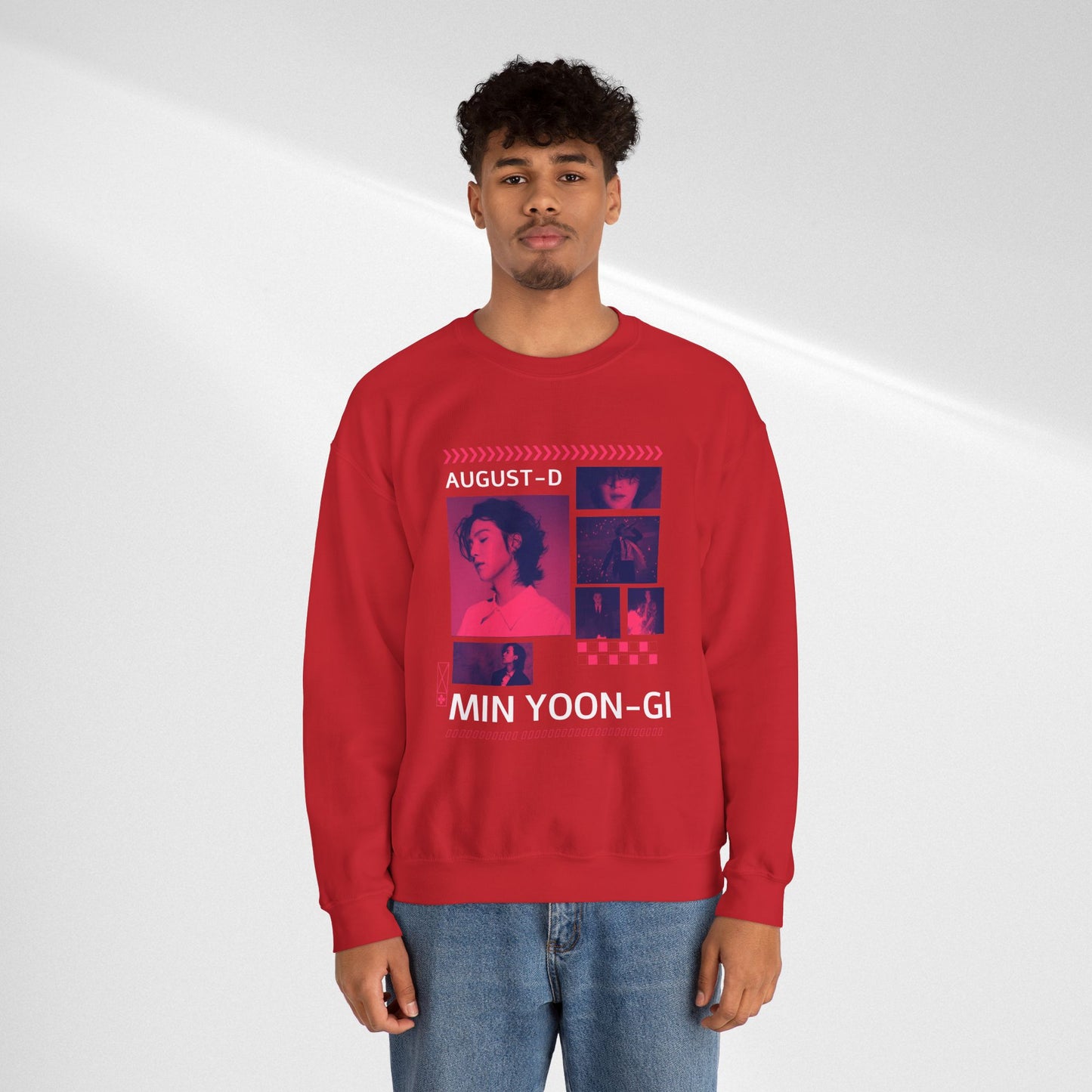 Graphic Crewneck Sweatshirt — 'MIN YOON-GI' Neon Photo Collage