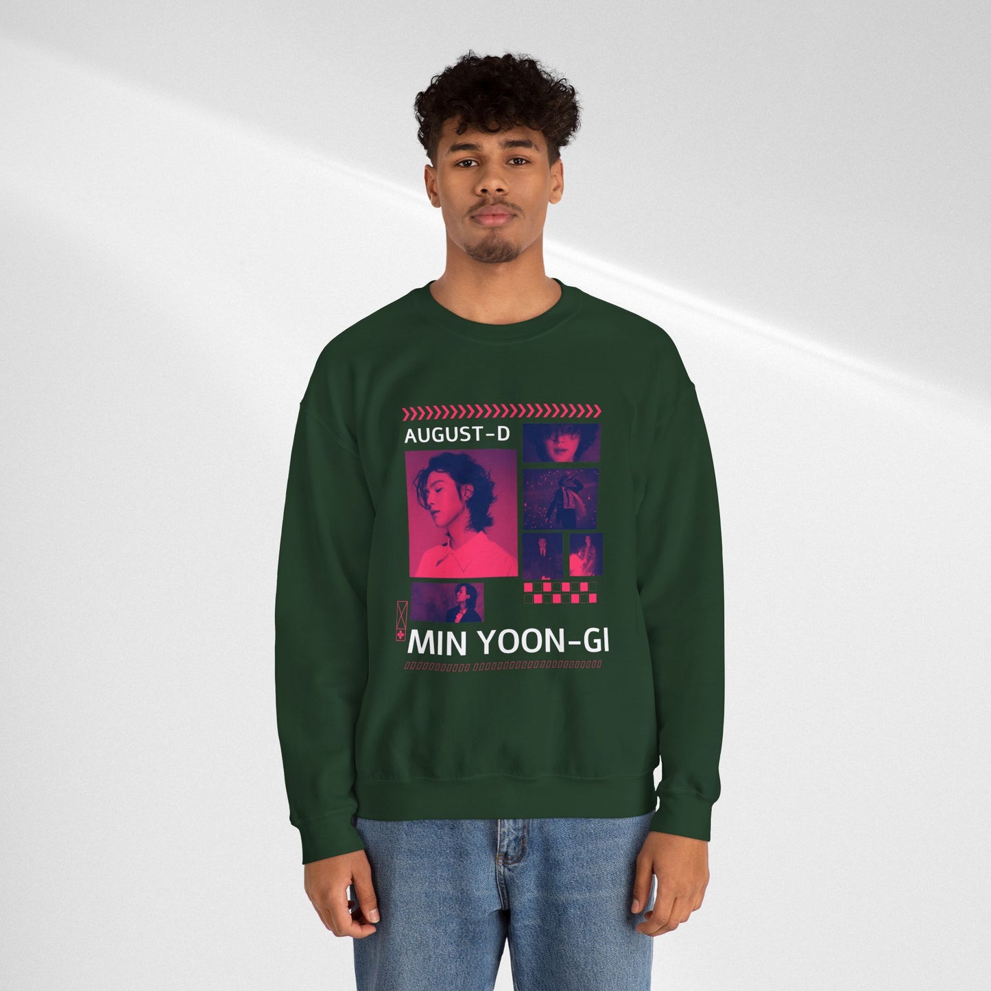Graphic Crewneck Sweatshirt — 'MIN YOON-GI' Neon Photo Collage