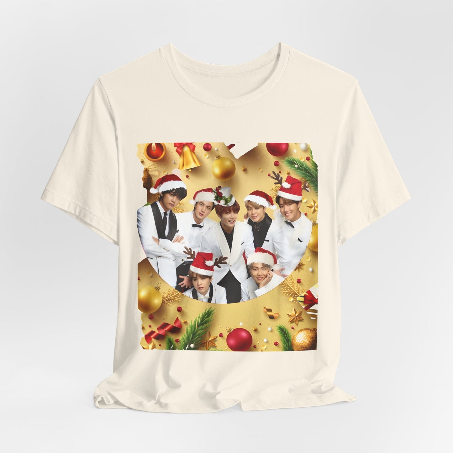 Christmas BTS Photo T‑Shirt — Holiday Santa Hat Group Design