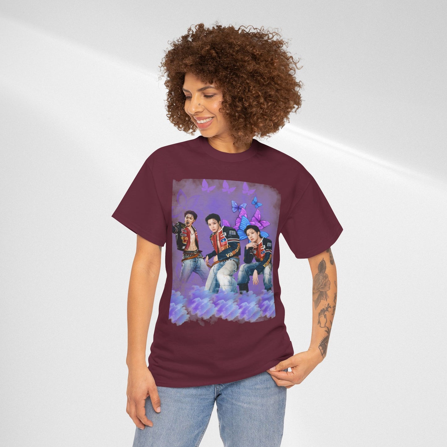 JHOPE Retro Pop Band Portrait Tee — Purple Butterfly Graphic T-Shirt
