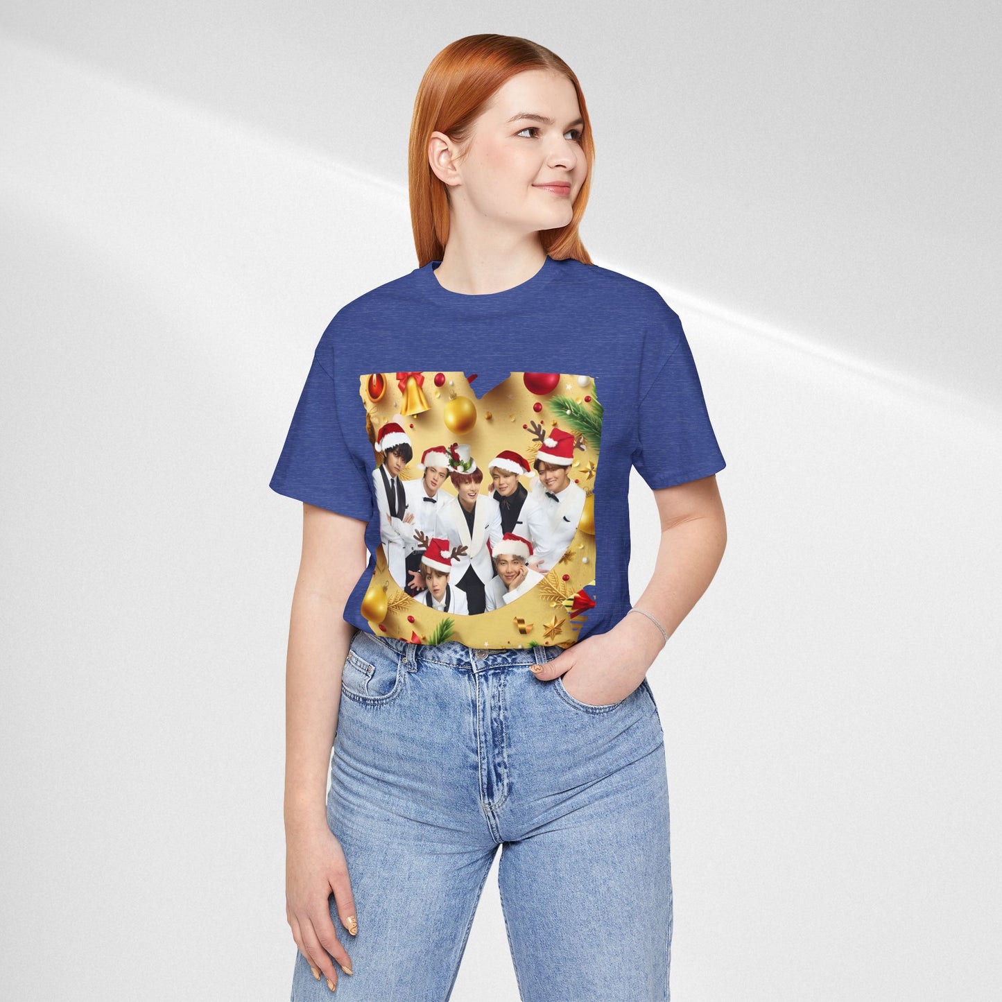 Christmas BTS Photo T‑Shirt — Holiday Santa Hat Group Design