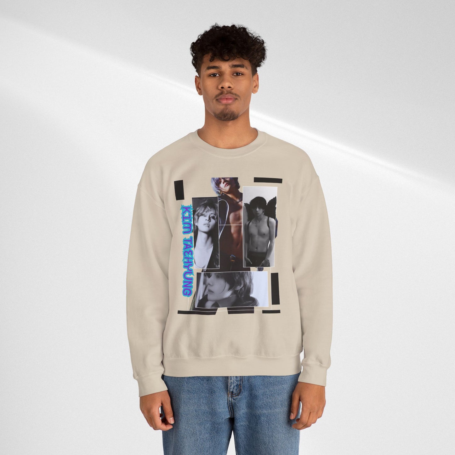 Collage Photo Crewneck Sweatshirt — Retro Portraits with Blue 'KPOP TAEHYUNG' Text