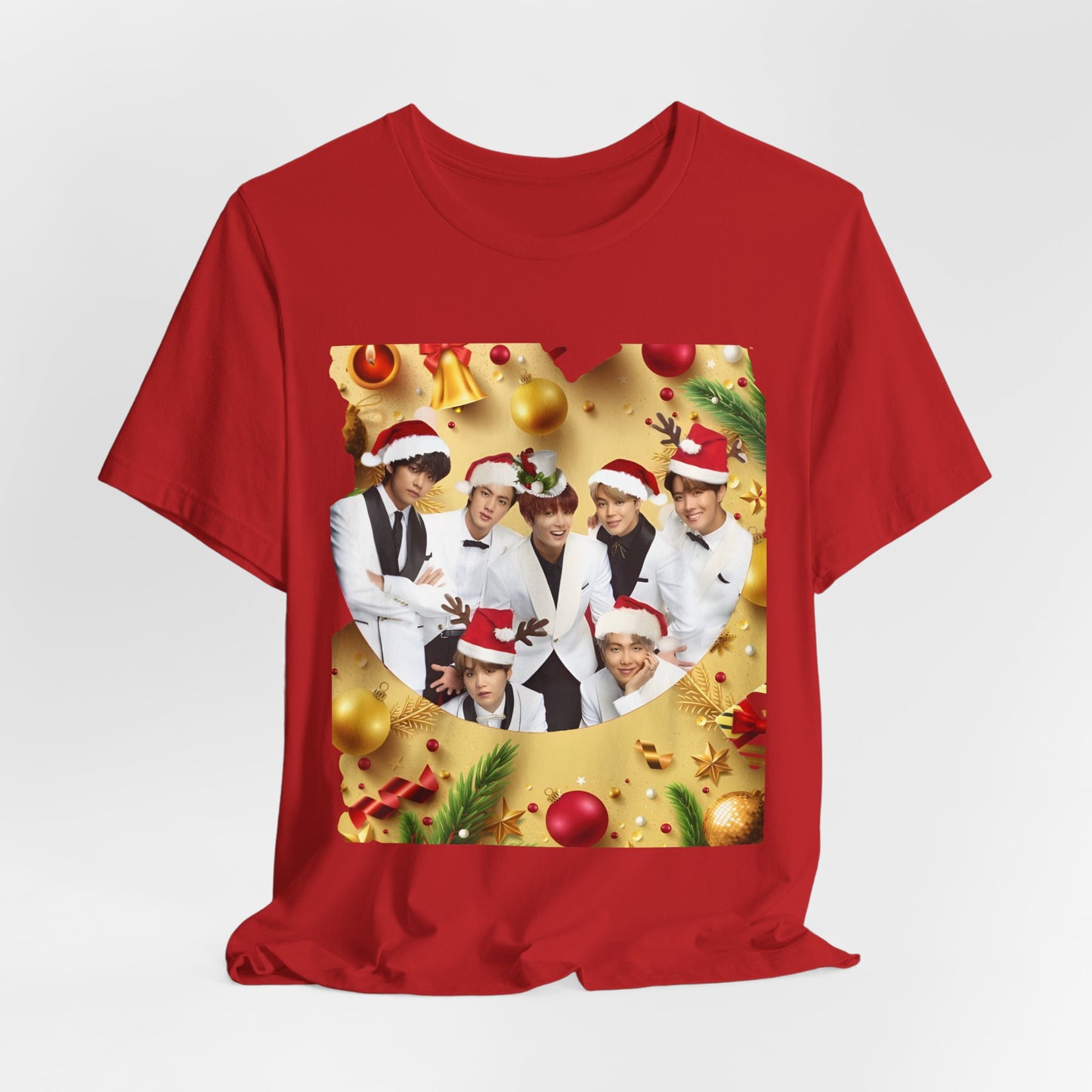Christmas BTS Photo T‑Shirt — Holiday Santa Hat Group Design