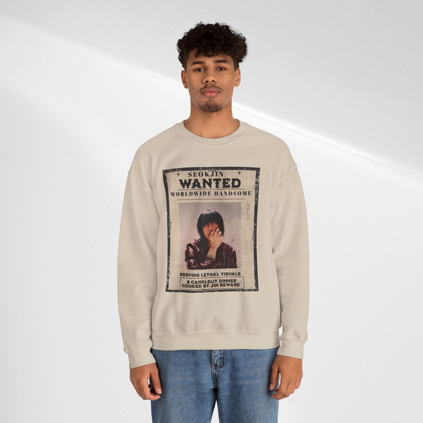 Wanted Poster Crewneck Sweatshirt — "Seokjin Wanted: Worldwide Handsome" Vintage K-pop Pullover