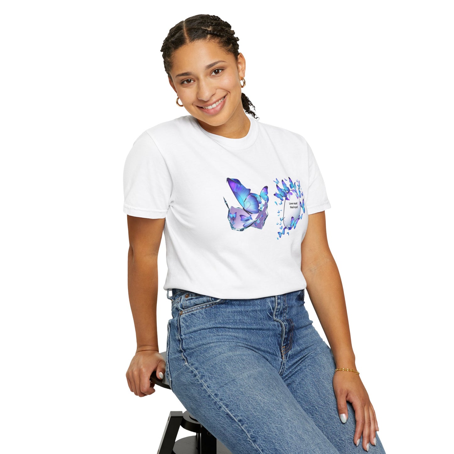 Butterfly Heart T-Shirt — Blue Watercolor Butterflies & "Everyone Deserves Love" Design