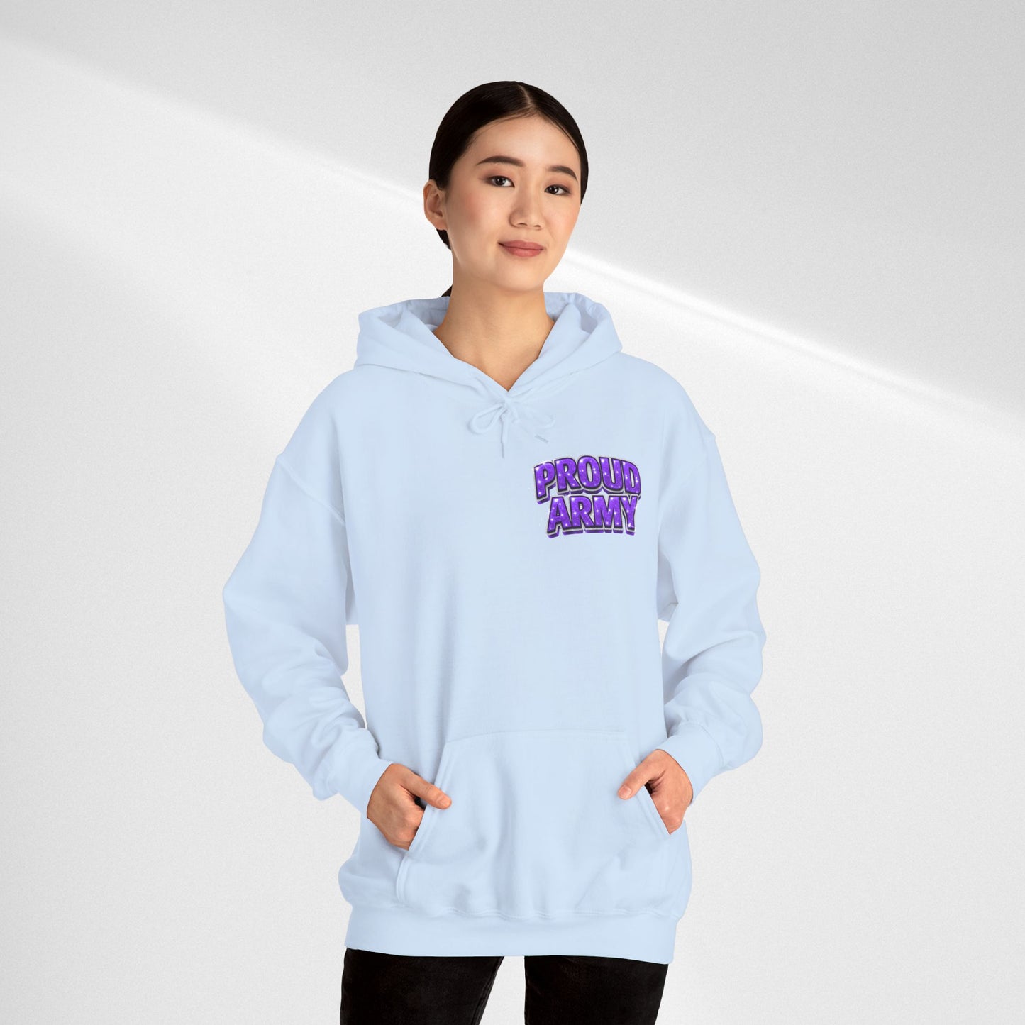 Proud Army Hoodie — Bold Purple Text Military Support Pullover