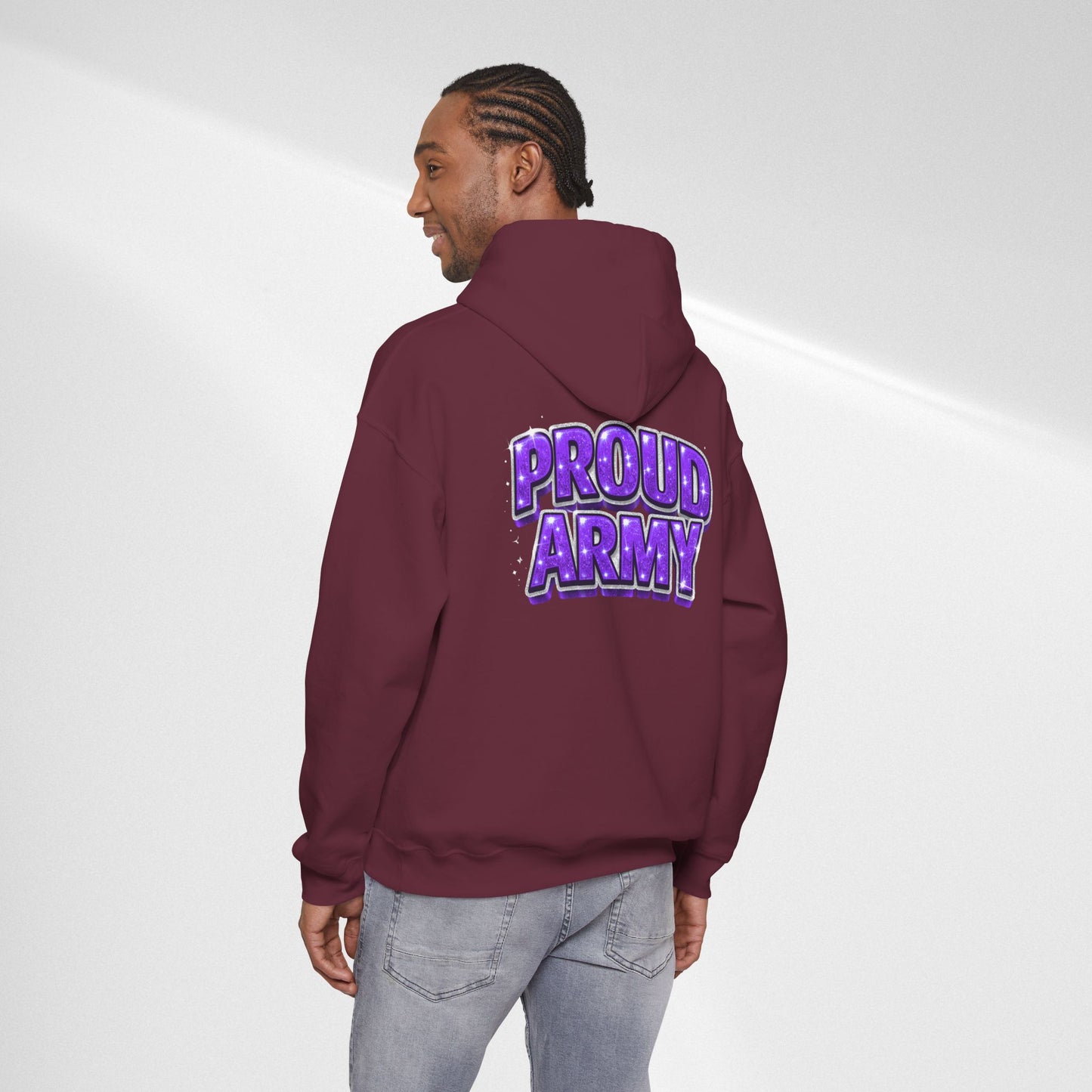 Proud Army Hoodie — Bold Purple Text Military Support Pullover
