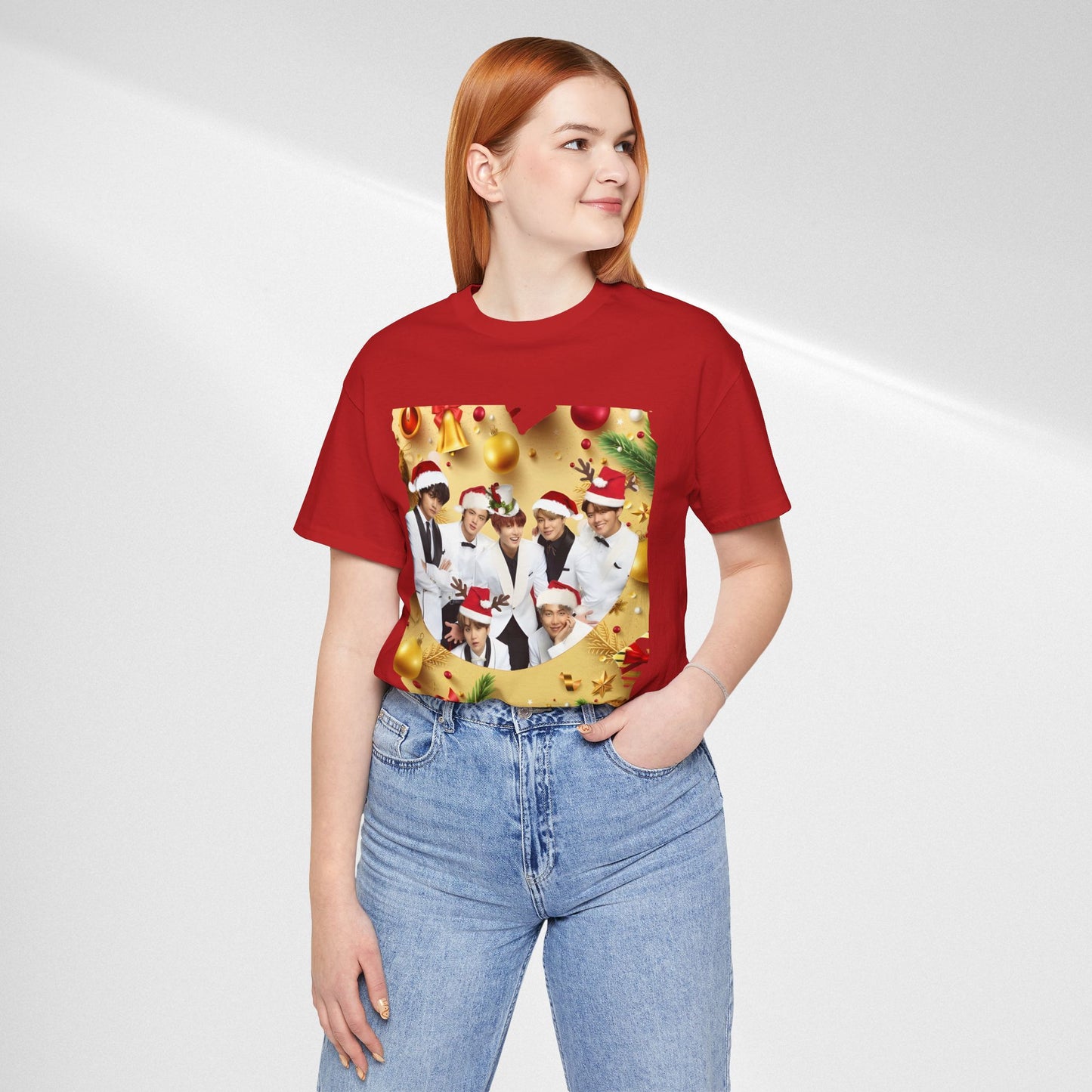 Christmas BTS Photo T‑Shirt — Holiday Santa Hat Group Design