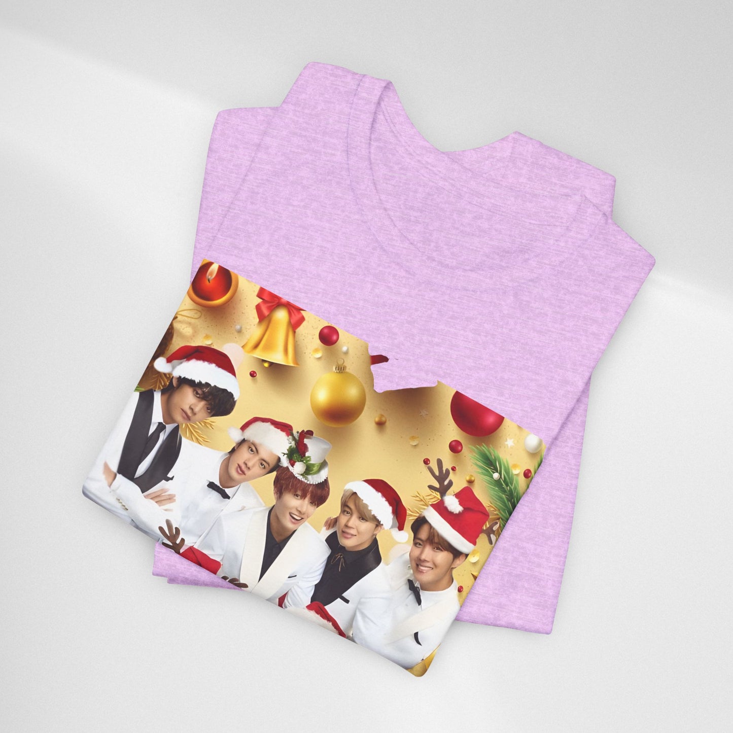Christmas BTS Photo T‑Shirt — Holiday Santa Hat Group Design