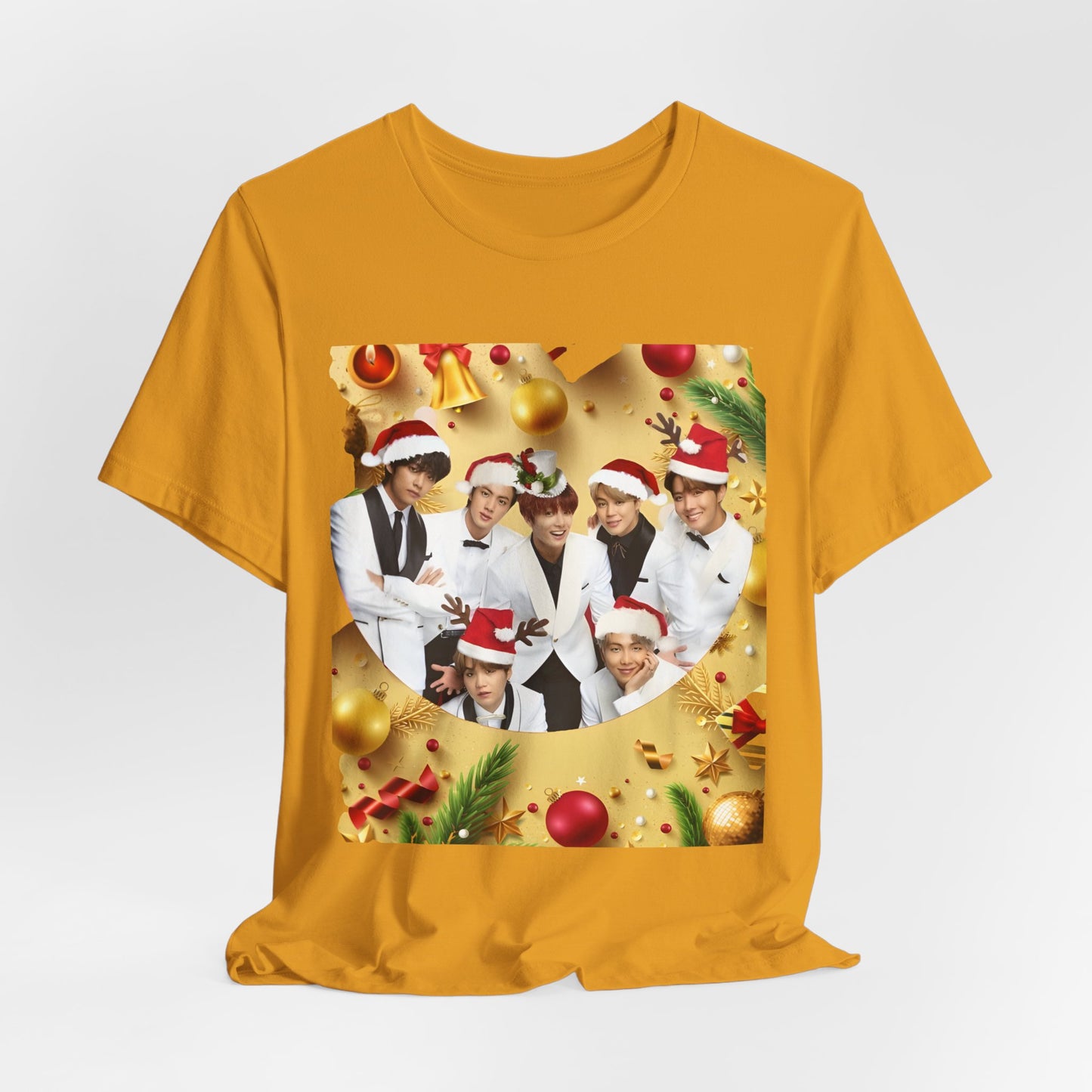 Christmas BTS Photo T‑Shirt — Holiday Santa Hat Group Design