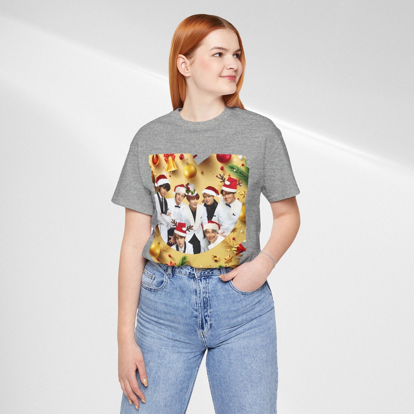 Christmas BTS Photo T‑Shirt — Holiday Santa Hat Group Design