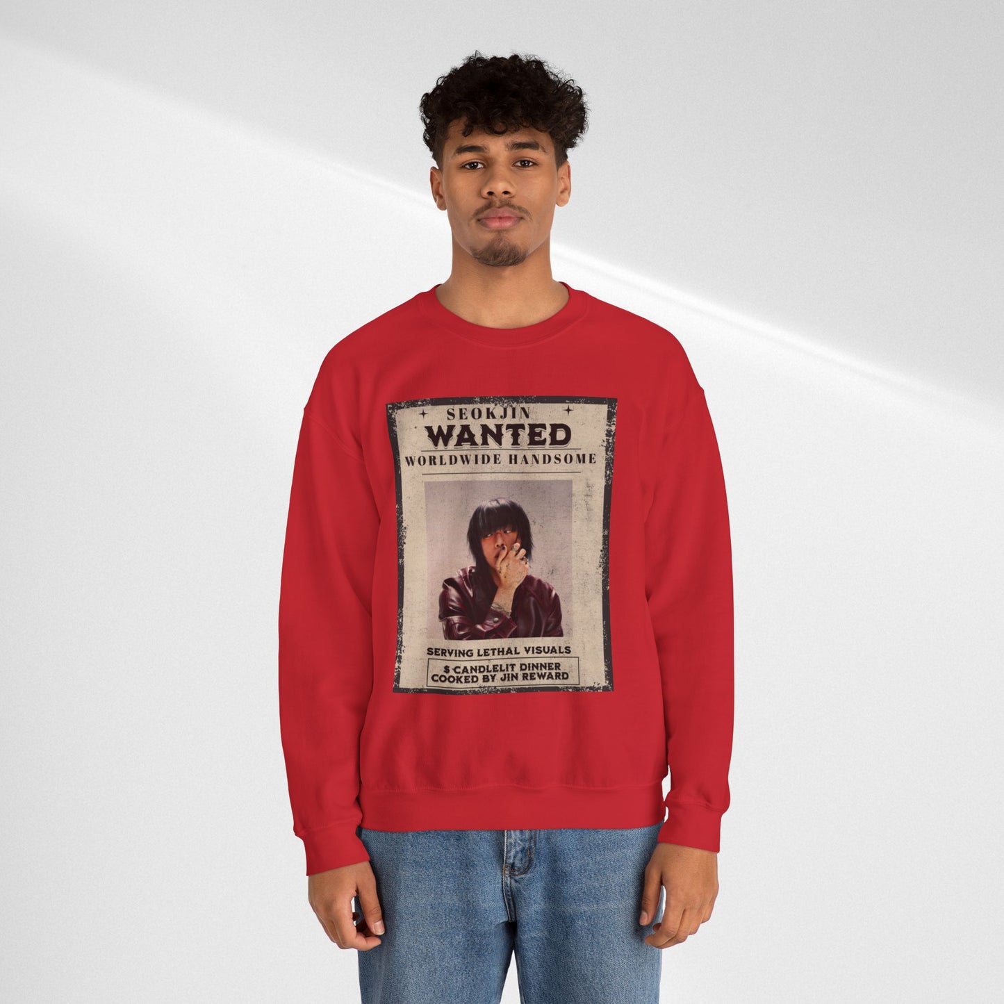 Wanted Poster Crewneck Sweatshirt — "Seokjin Wanted: Worldwide Handsome" Vintage K-pop Pullover