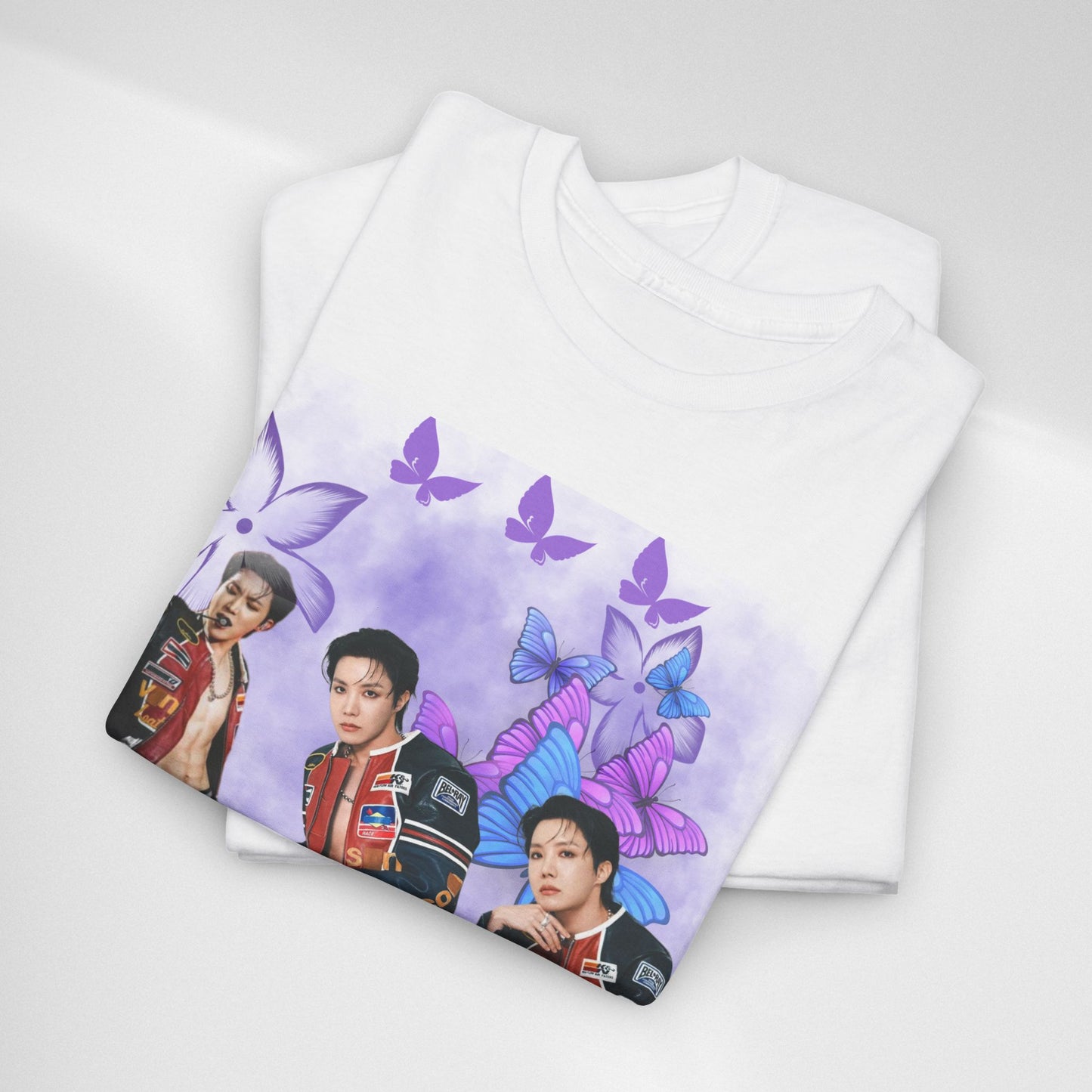 JHOPE Retro Pop Band Portrait Tee — Purple Butterfly Graphic T-Shirt