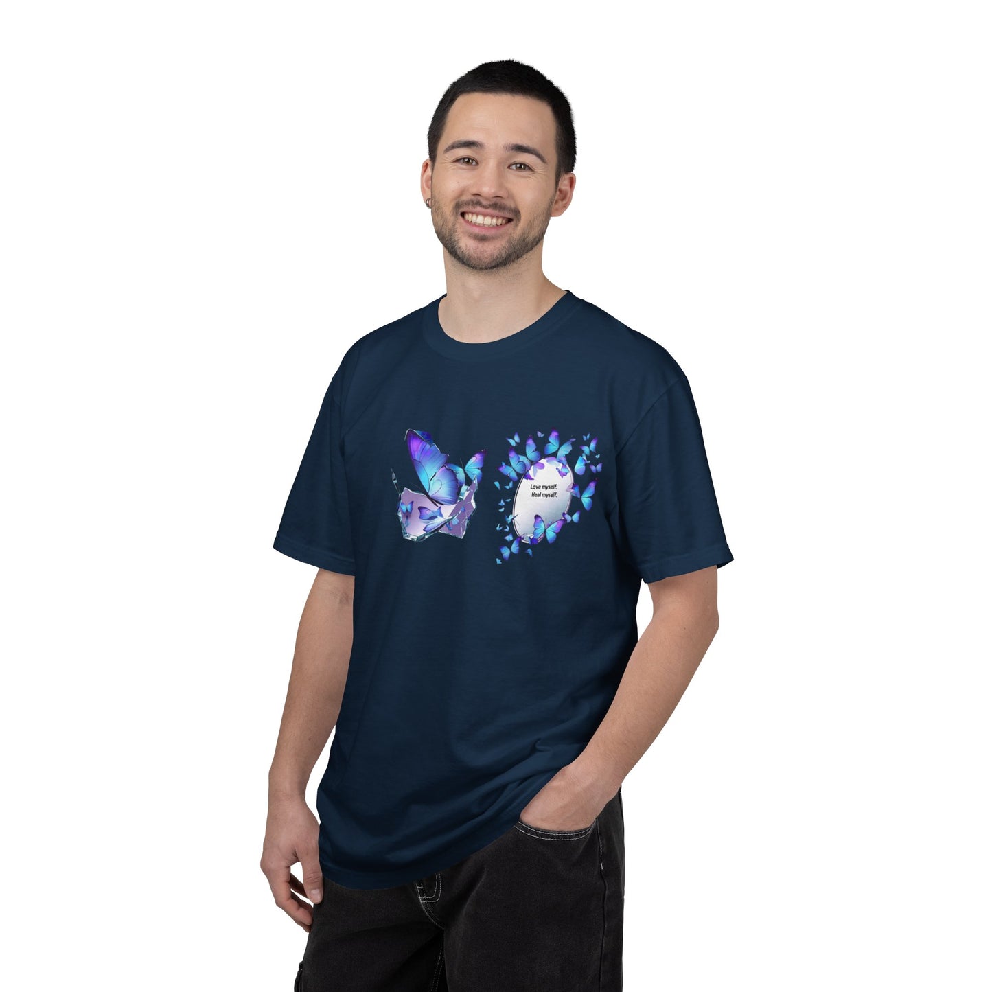Butterfly Heart T-Shirt — Blue Watercolor Butterflies & "Everyone Deserves Love" Design