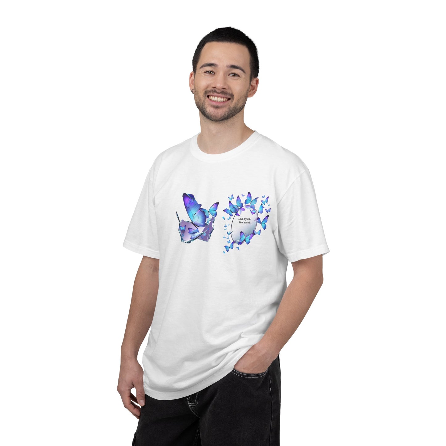 Butterfly Heart T-Shirt — Blue Watercolor Butterflies & "Everyone Deserves Love" Design