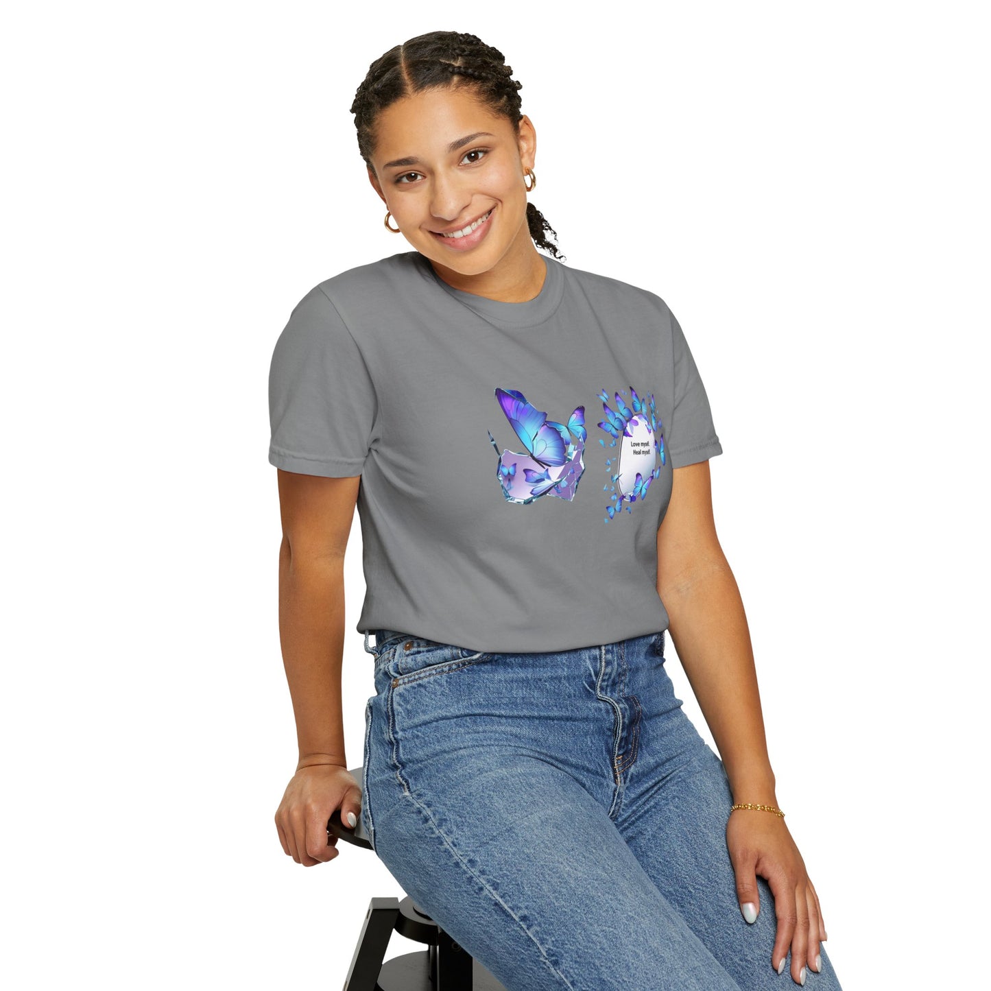 Butterfly Heart T-Shirt — Blue Watercolor Butterflies & "Everyone Deserves Love" Design