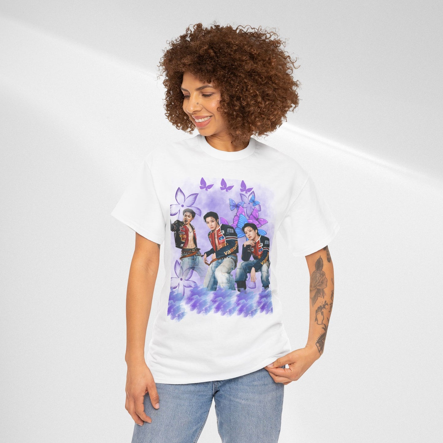 JHOPE Retro Pop Band Portrait Tee — Purple Butterfly Graphic T-Shirt