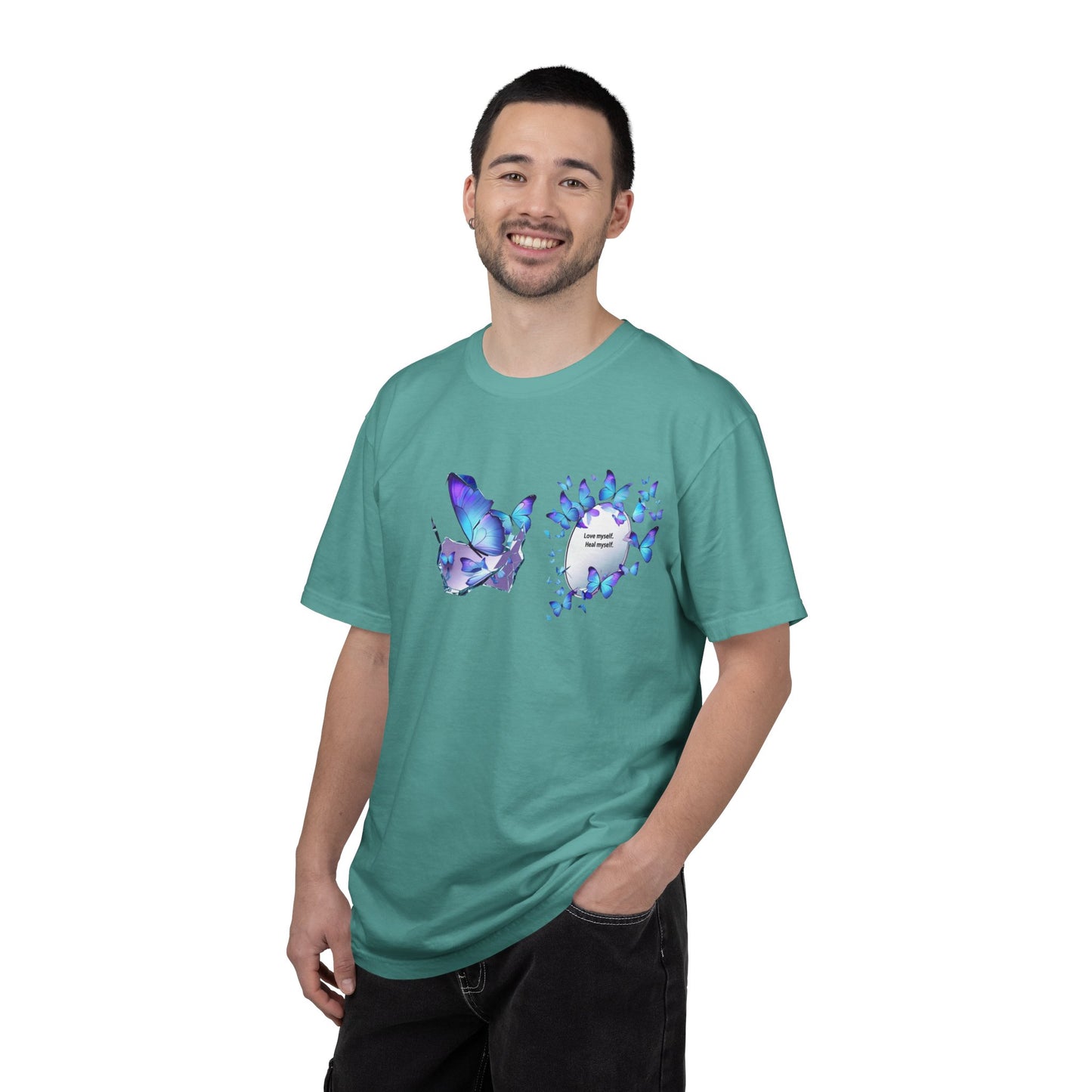 Butterfly Heart T-Shirt — Blue Watercolor Butterflies & "Everyone Deserves Love" Design
