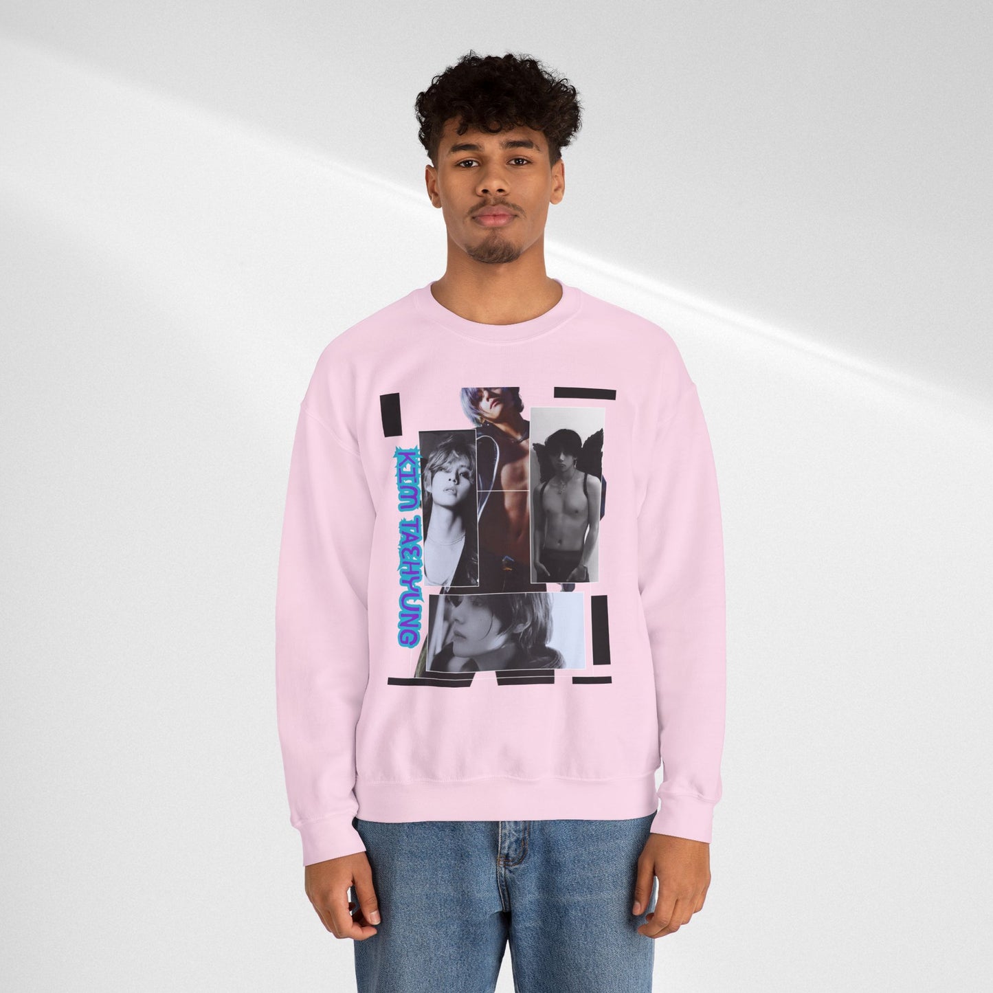 Collage Photo Crewneck Sweatshirt — Retro Portraits with Blue 'KPOP TAEHYUNG' Text