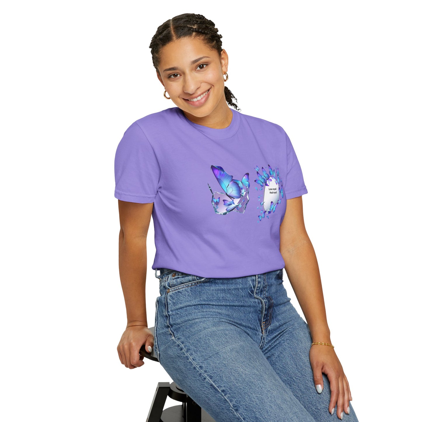 Butterfly Heart T-Shirt — Blue Watercolor Butterflies & "Everyone Deserves Love" Design
