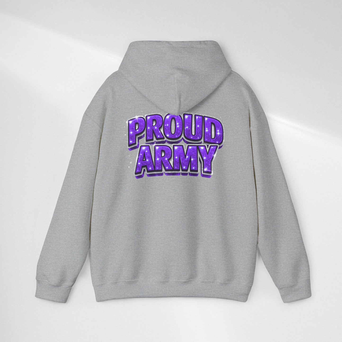 Proud Army Hoodie — Bold Purple Text Military Support Pullover