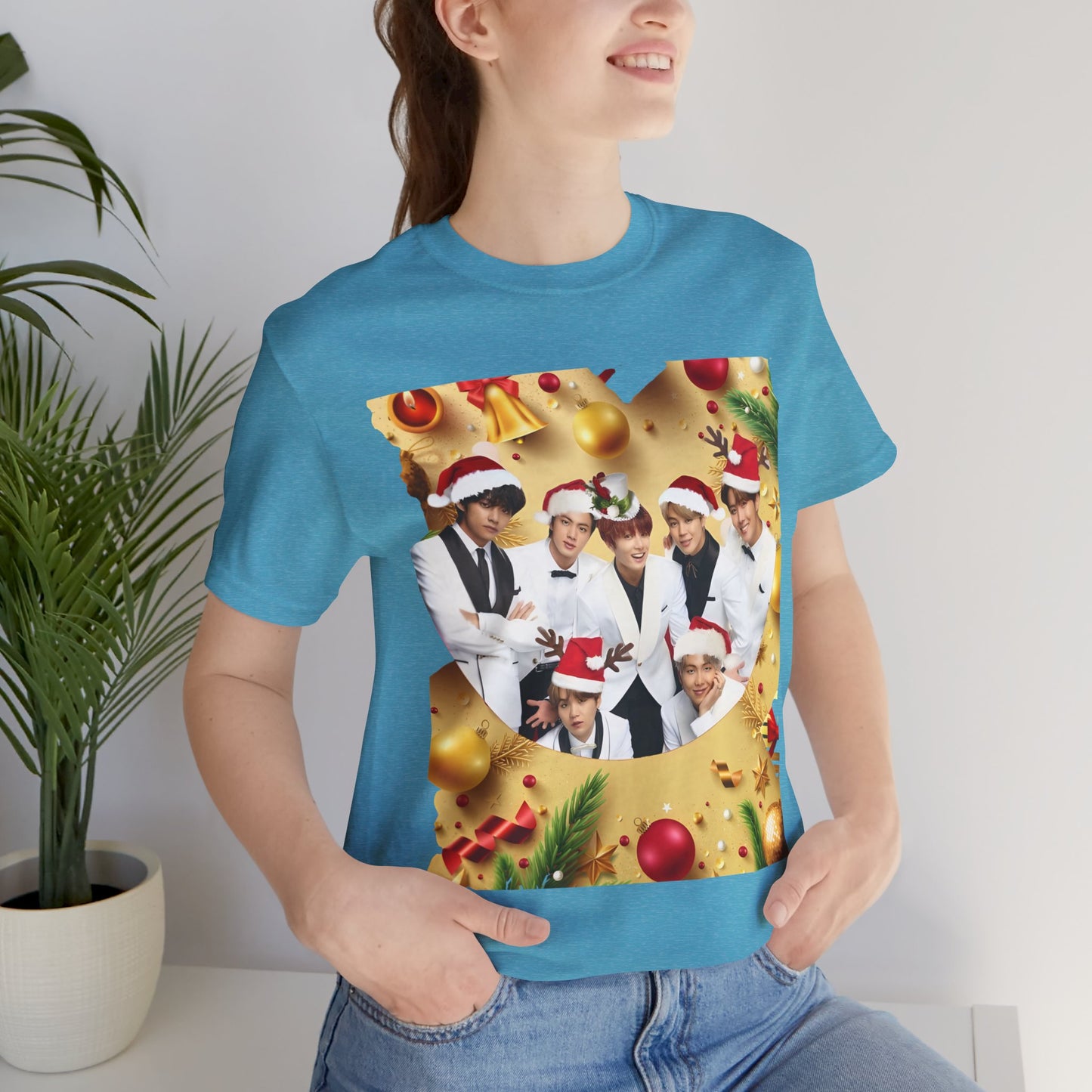 Christmas BTS Photo T‑Shirt — Holiday Santa Hat Group Design