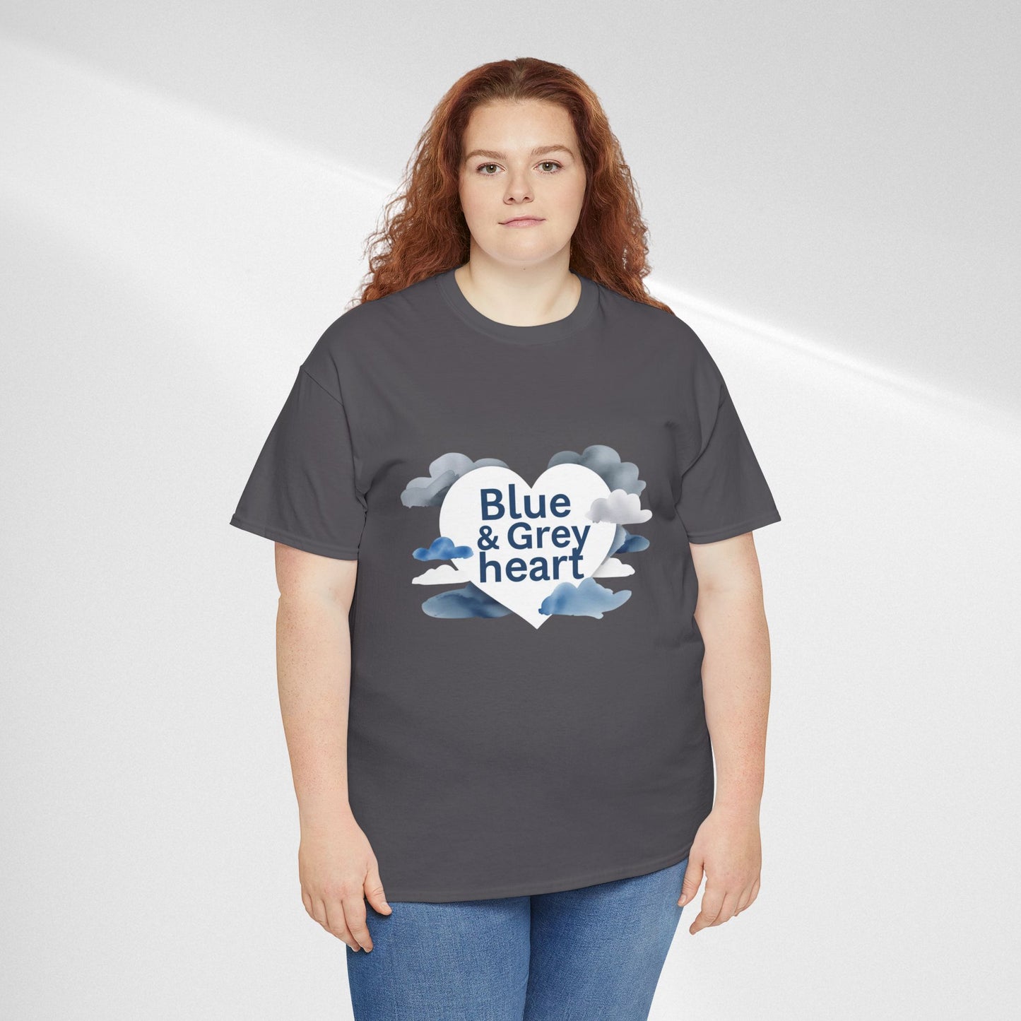 Blue & Grey Heart T-Shirt — Watercolor Cloud Heart Design