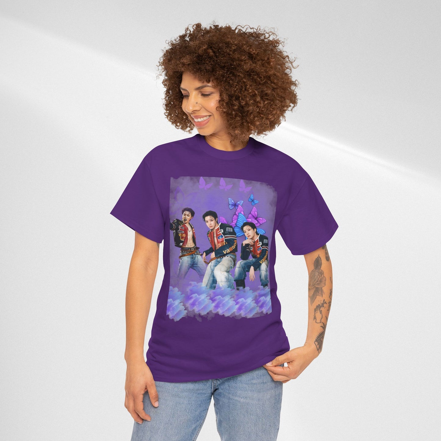 JHOPE Retro Pop Band Portrait Tee — Purple Butterfly Graphic T-Shirt