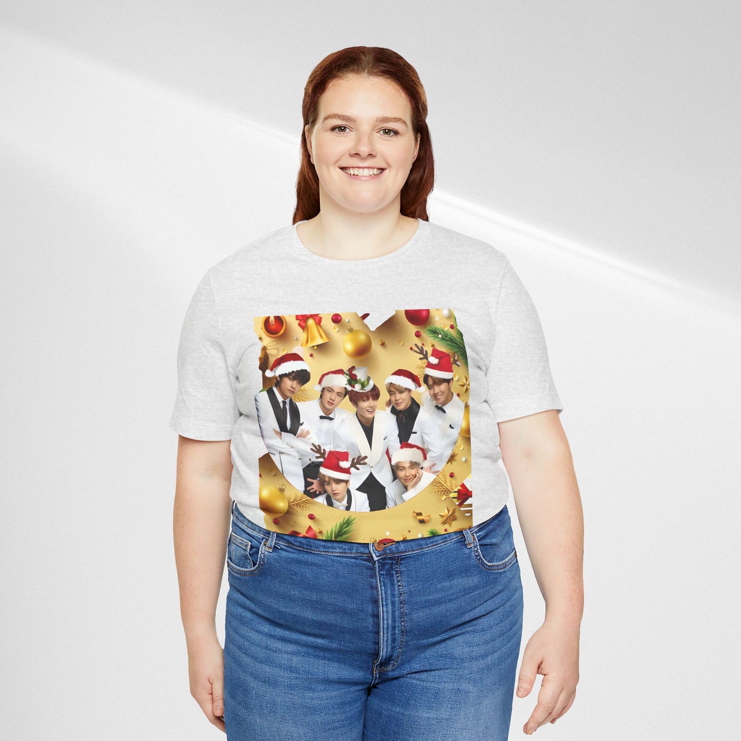 Christmas BTS Photo T‑Shirt — Holiday Santa Hat Group Design