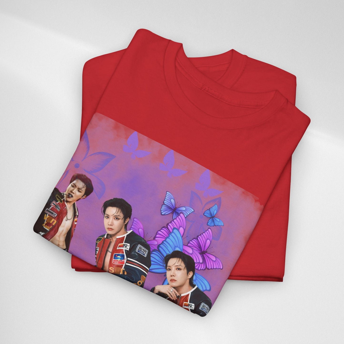 JHOPE Retro Pop Band Portrait Tee — Purple Butterfly Graphic T-Shirt