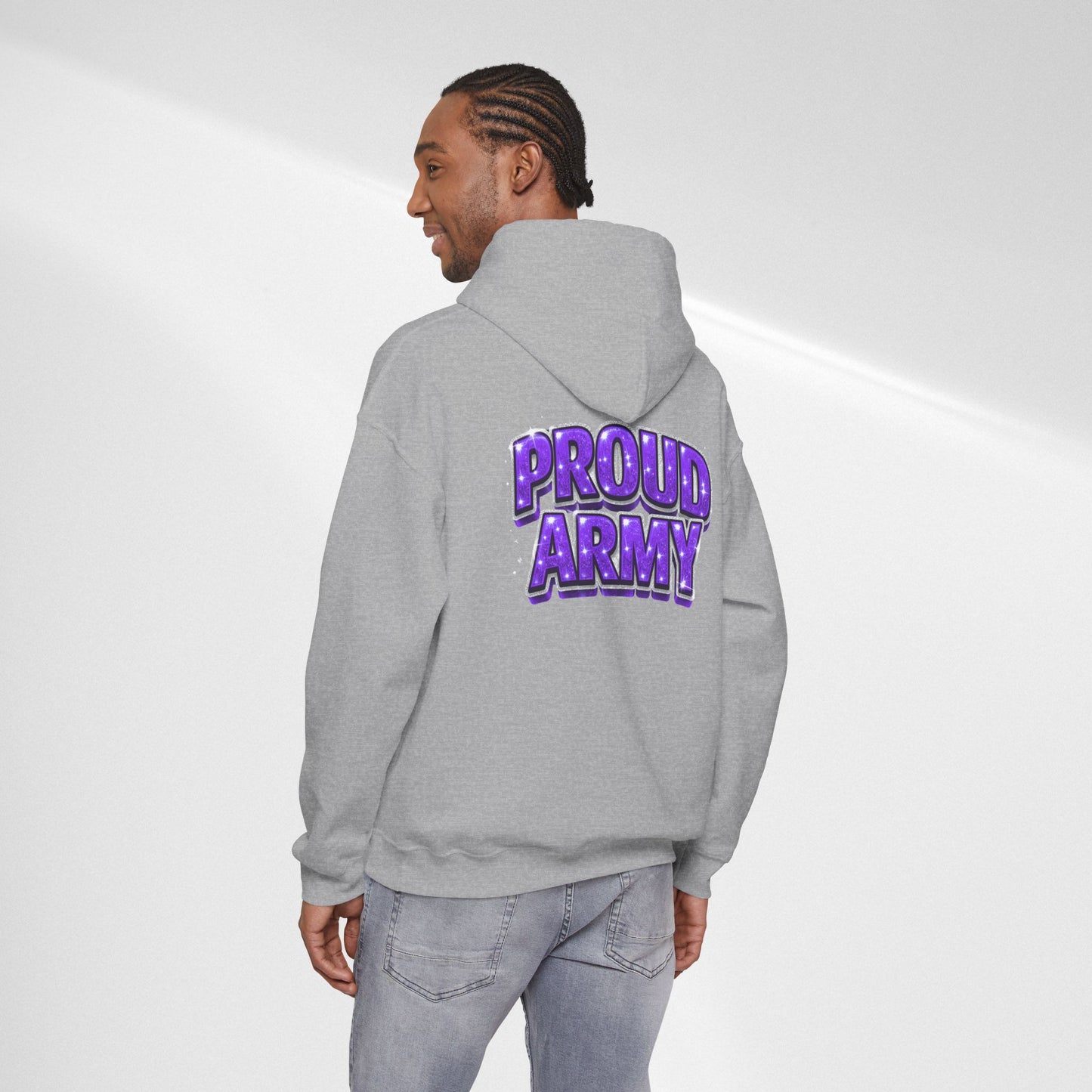 Proud Army Hoodie — Bold Purple Text Military Support Pullover