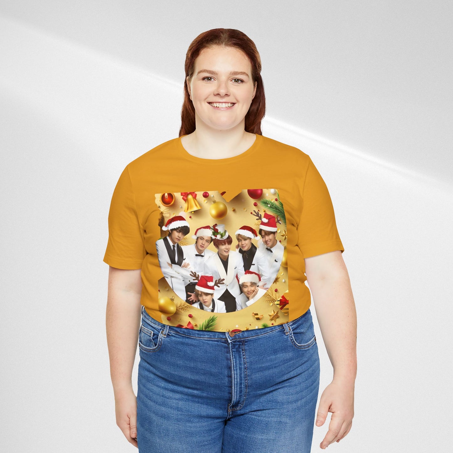 Christmas BTS Photo T‑Shirt — Holiday Santa Hat Group Design