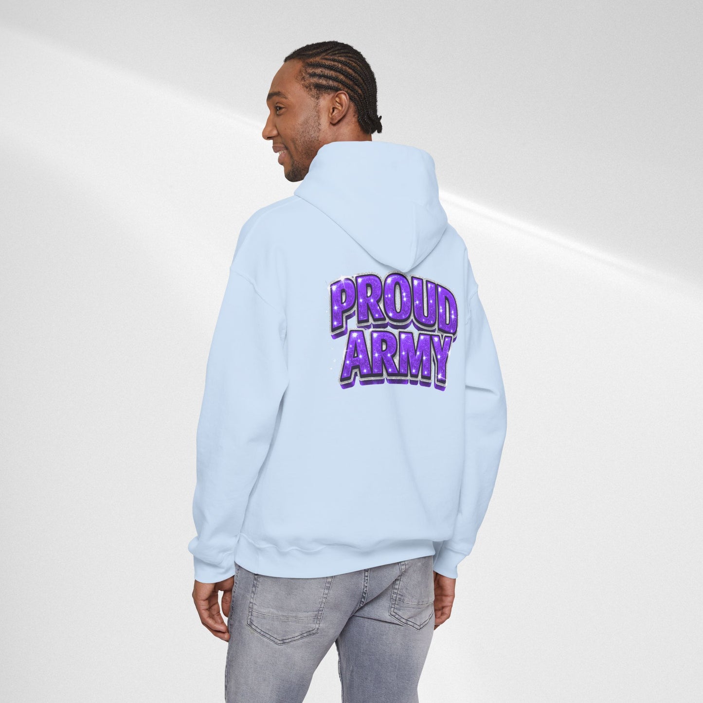 Proud Army Hoodie — Bold Purple Text Military Support Pullover