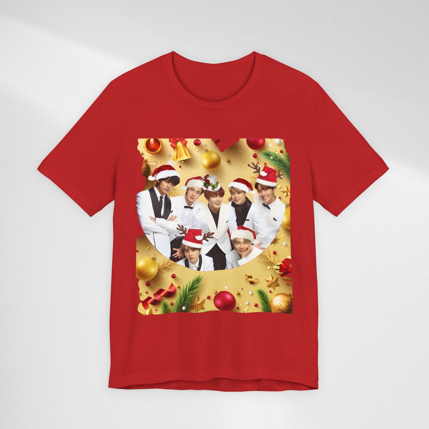 Christmas BTS Photo T‑Shirt — Holiday Santa Hat Group Design