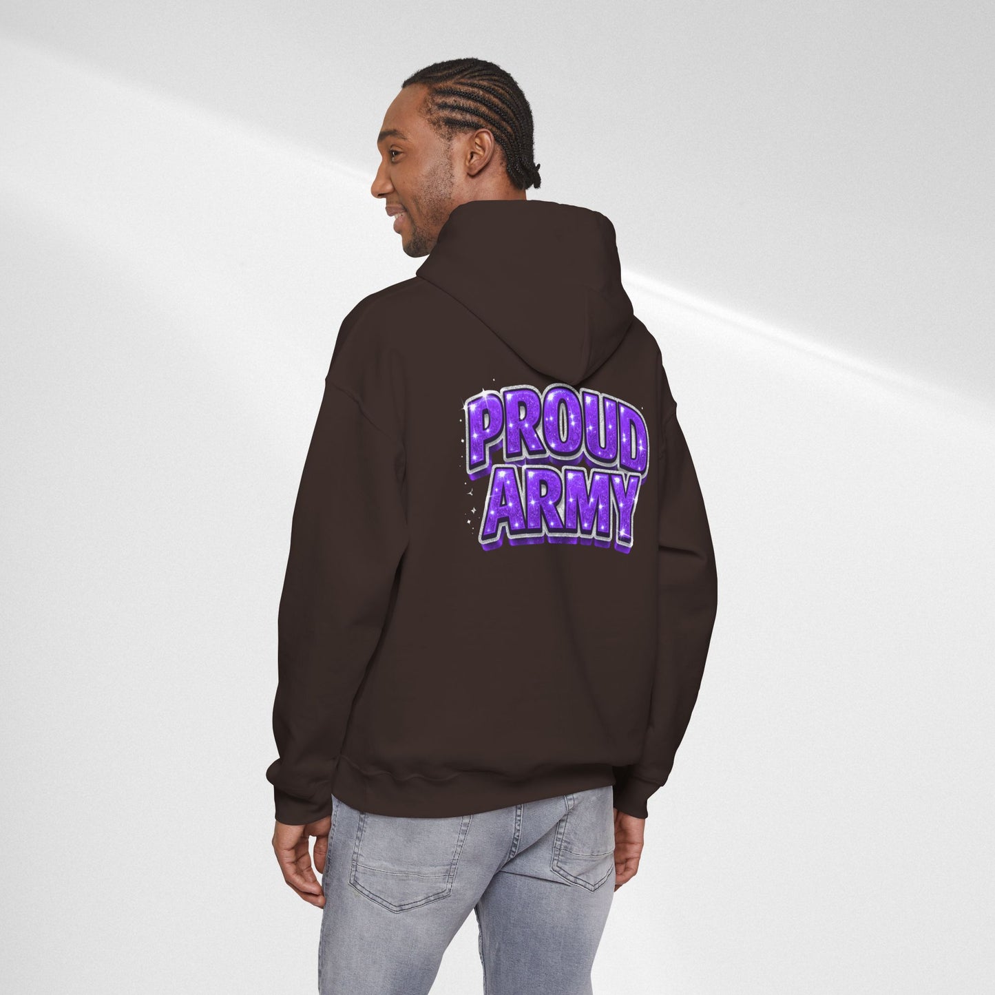 Proud Army Hoodie — Bold Purple Text Military Support Pullover