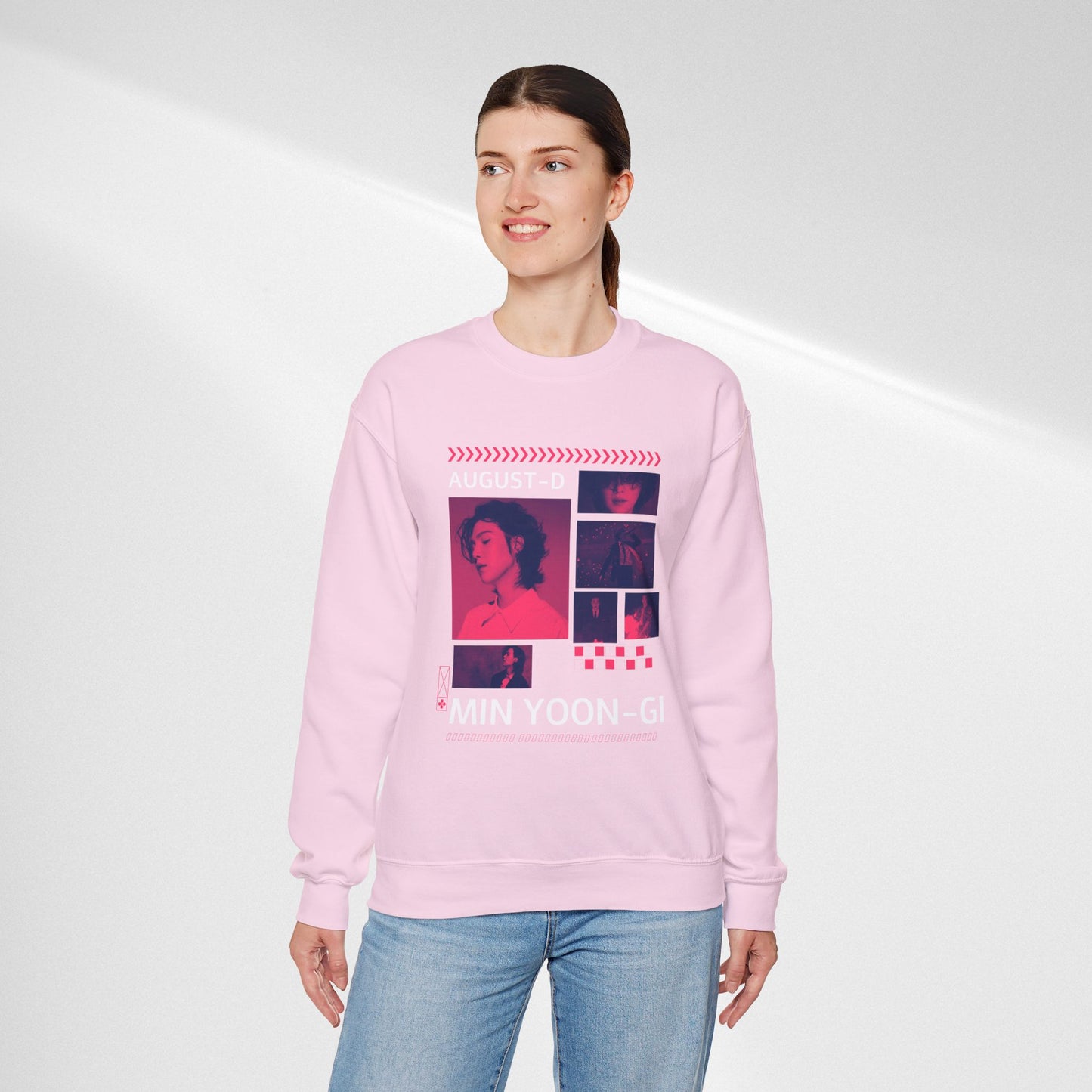 Graphic Crewneck Sweatshirt — 'MIN YOON-GI' Neon Photo Collage