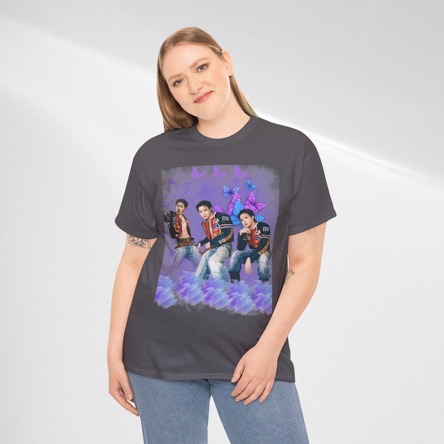 JHOPE Retro Pop Band Portrait Tee — Purple Butterfly Graphic T-Shirt